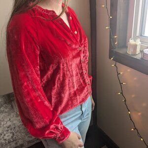 Anthropologie Pilcro Puff Sleeve Red Velvet Shirt Size XS